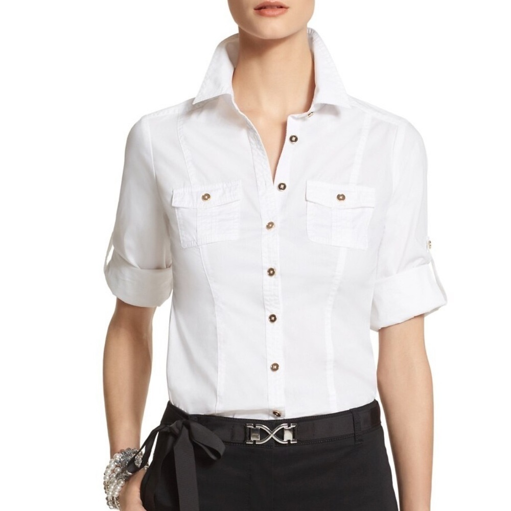 WHBM White Trapunto Campshirt Button Down Top